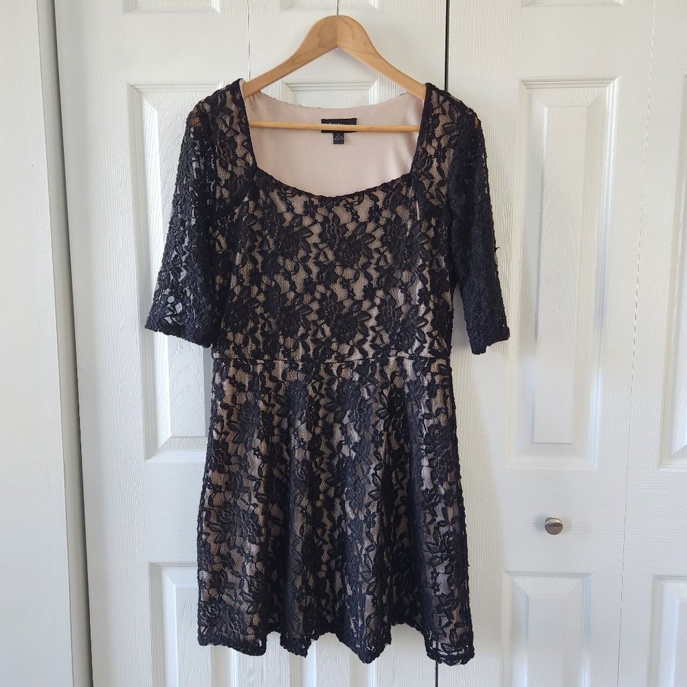 BCX Black/Beige Floral Lace Overlay A-Line Mini Dress